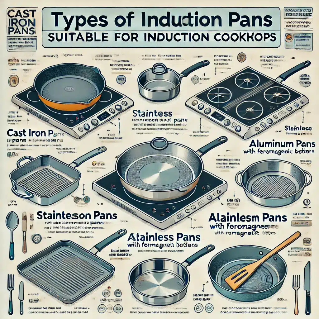 Infografik, die die verschiedenen Pfannenarten für Induktionsherde zeigt: Gusseisen, Edelstahl und Aluminium mit ferromagnetischem Boden. Enthält Illustrationen und wichtige Eigenschaften der Pfannen.