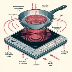 Diagramm, das die Funktionsweise von Induktionskochfeldern zeigt. Darstellung eines Induktionskochfelds mit elektromagnetischen Spulen unter der Oberfläche und einer induktionsgeeigneten Pfanne, die durch das elektromagnetische Feld erhitzt wird.