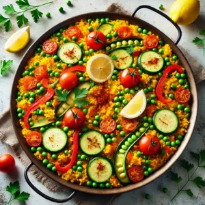 Paella mit Zitronenspalten und gehackter Petersilie garnieren